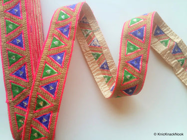 Wholesale Gold Fabric Trim With Green and Blue Triangle Embroidery, Embroidered Trim, 9 Yards